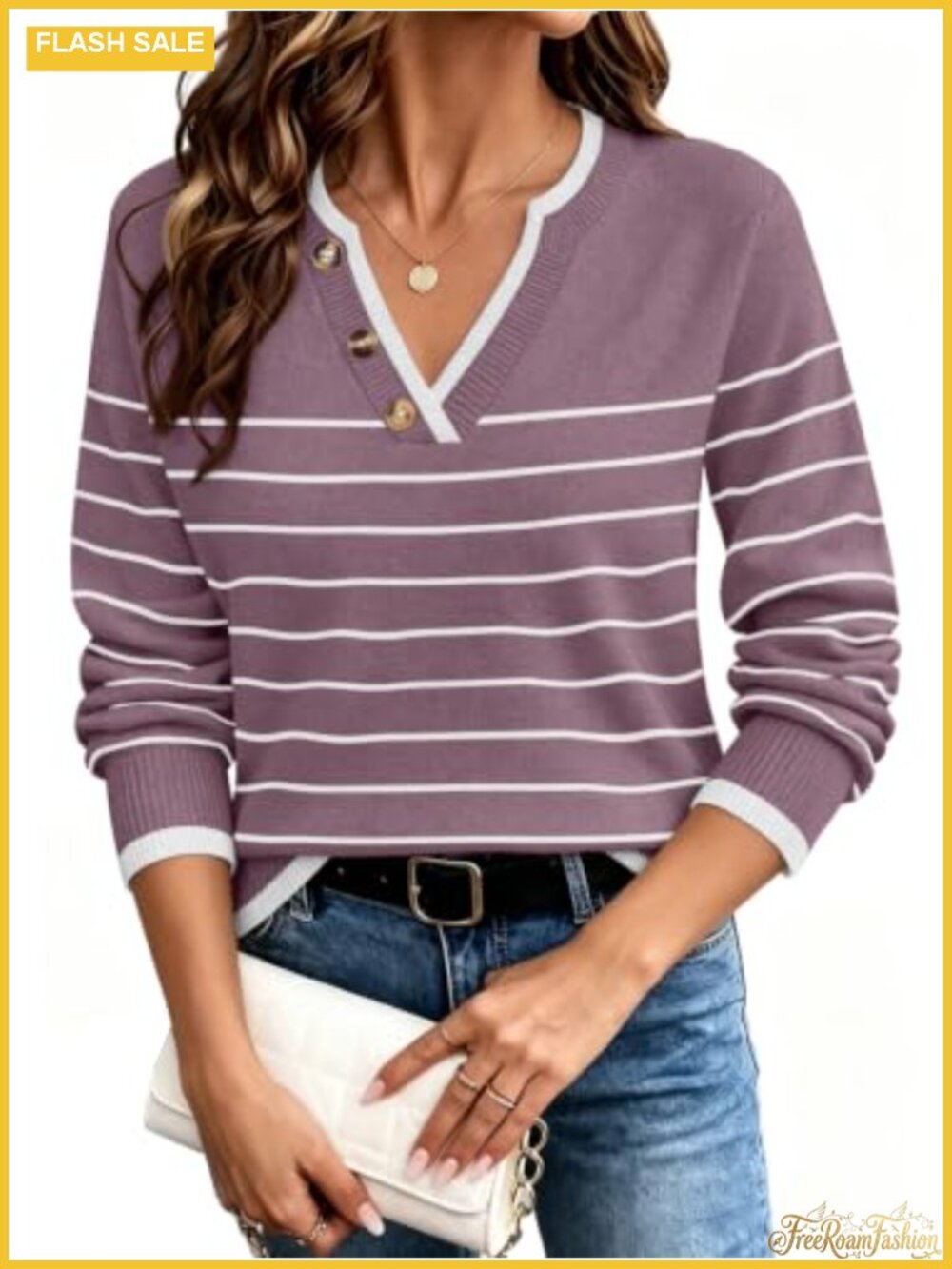 OFEEFAN Women's V-Neck Long Sleeve Knit Pullover Sweater